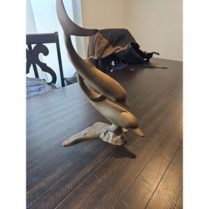Decor Vtg Brass Swimming Dolphins Sculpture Nautical 15 Tall 1 Wide 9 Deep